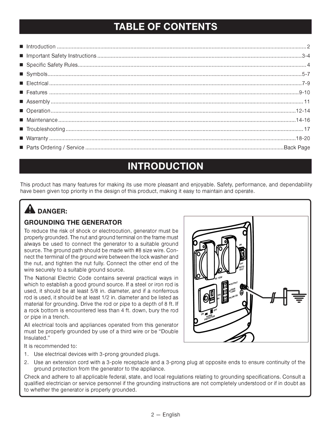 Ryobi RYI2000T manuel dutilisation Introduction, Table of Contents 