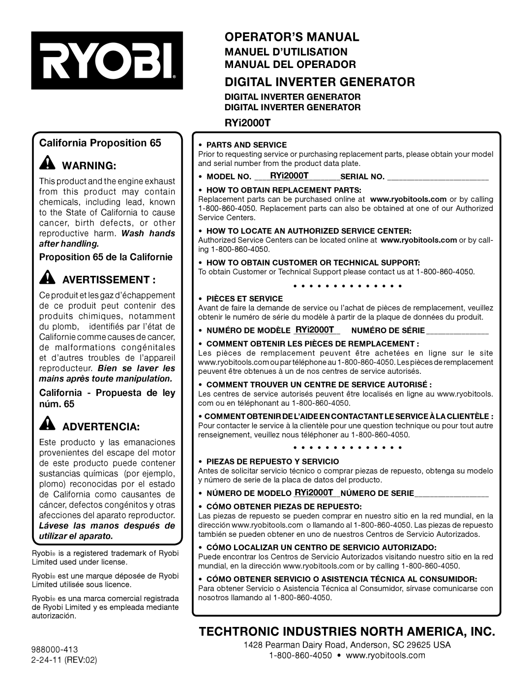 Ryobi RYI2000T Manuel D’UTILISATION Manual DEL Operador, Lávese las manos después de utilizar el aparato, RYi2000T 