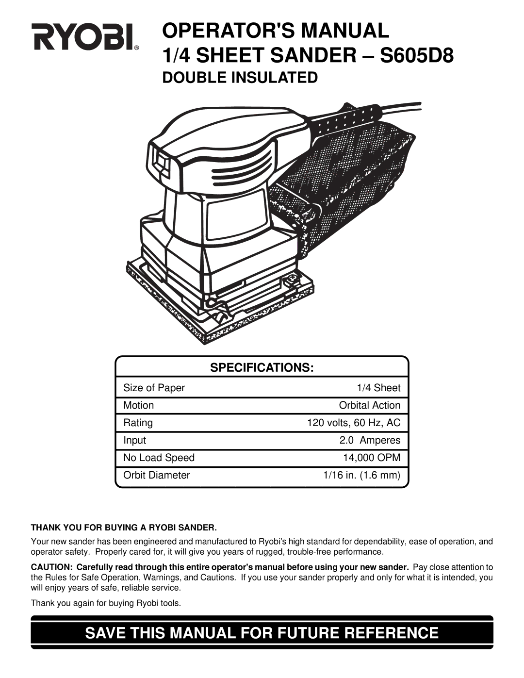 Ryobi specifications Operators Manual Sheet Sander S605D8, Double Insulated 