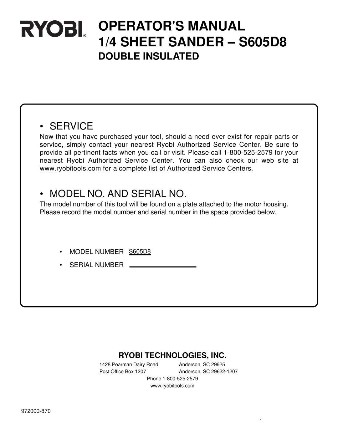 Ryobi S605D8 specifications Service Model NO. and Serial no 