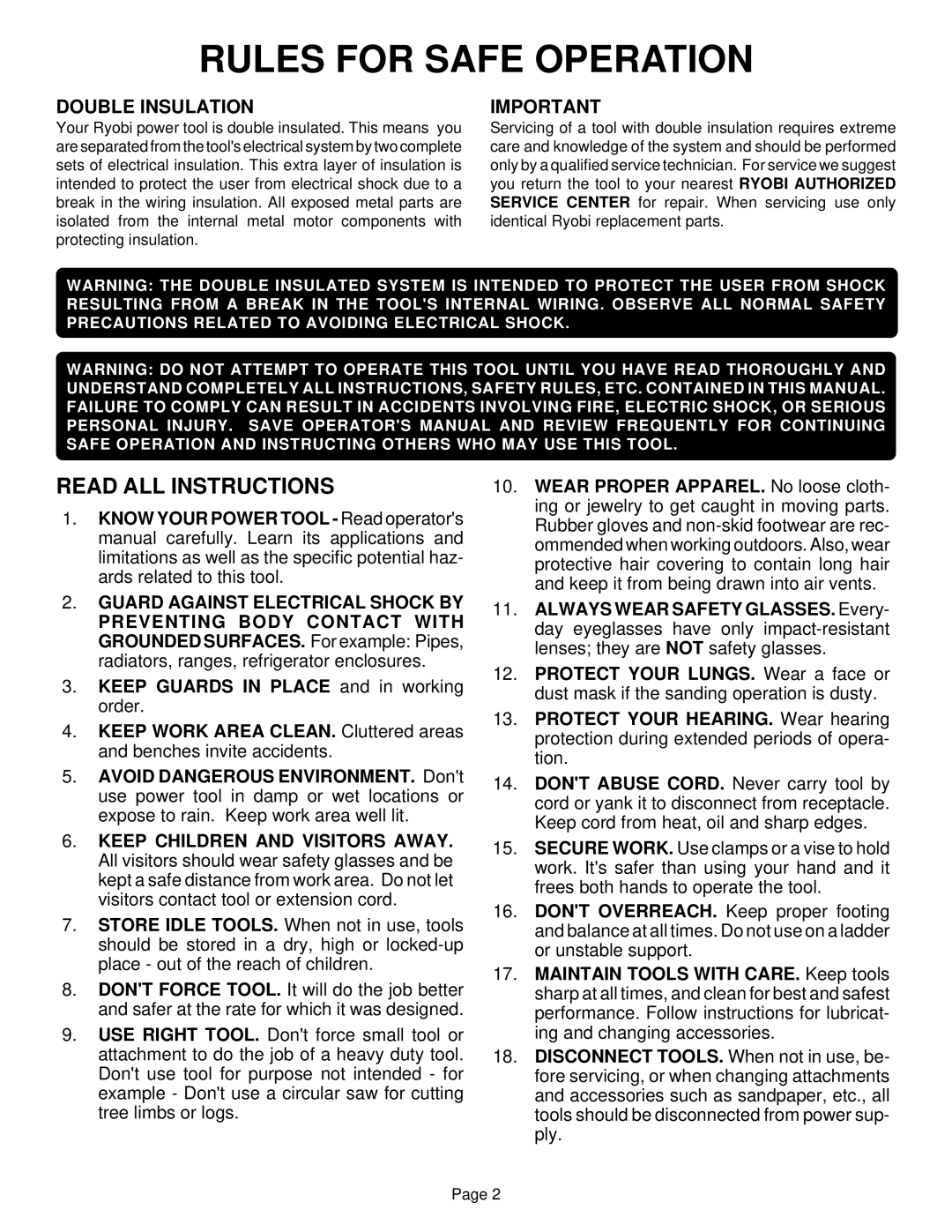 Ryobi S605D8 specifications Rules for Safe Operation, Double Insulation 