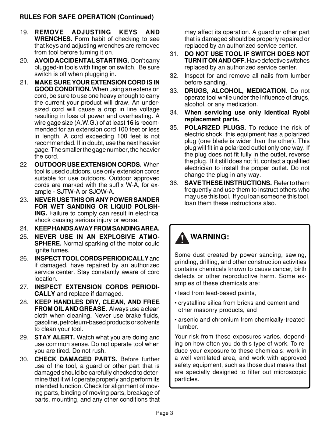 Ryobi S605D8 specifications Rules for Safe Operation 