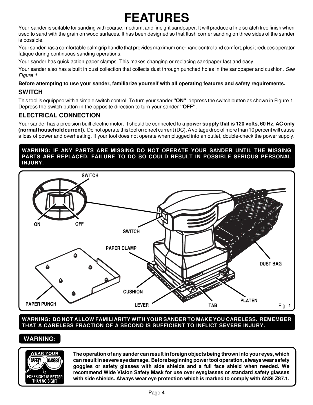 Ryobi S605D8 specifications Features, Switch, Electrical Connection 