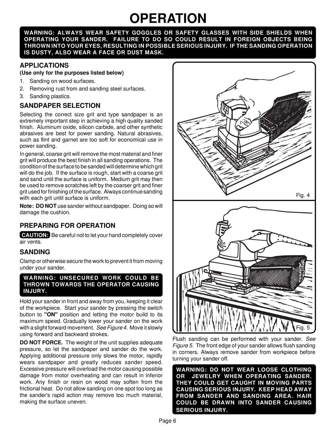 Ryobi S605D8 specifications Applications, Sandpaper Selection, Preparing for Operation Sanding 