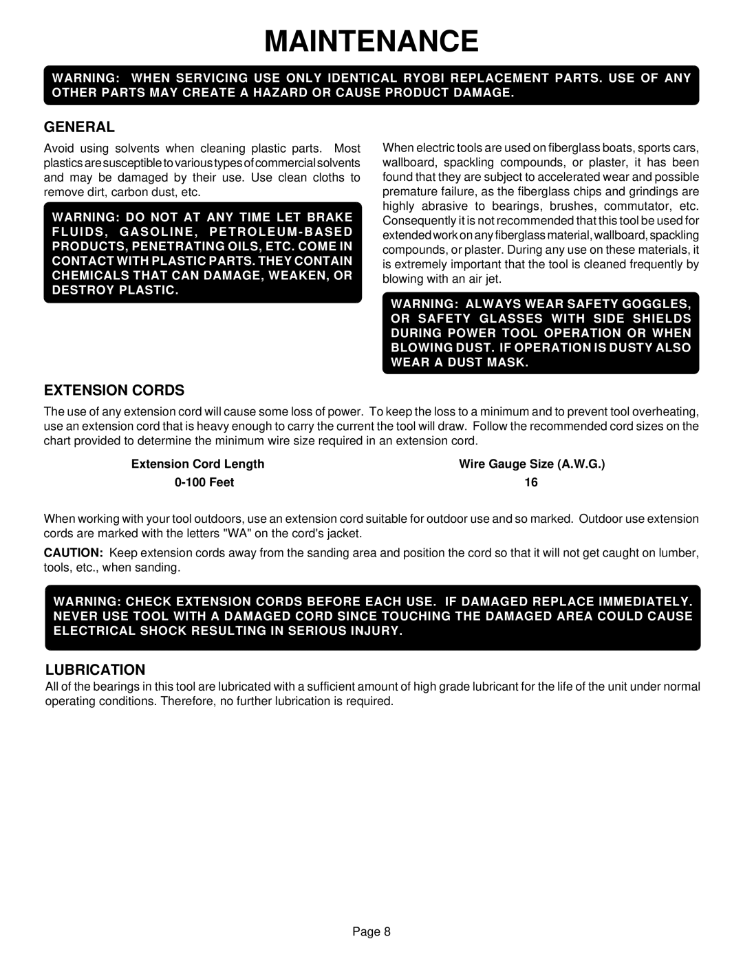 Ryobi S605D8 specifications Maintenance, General, Extension Cords, Lubrication 