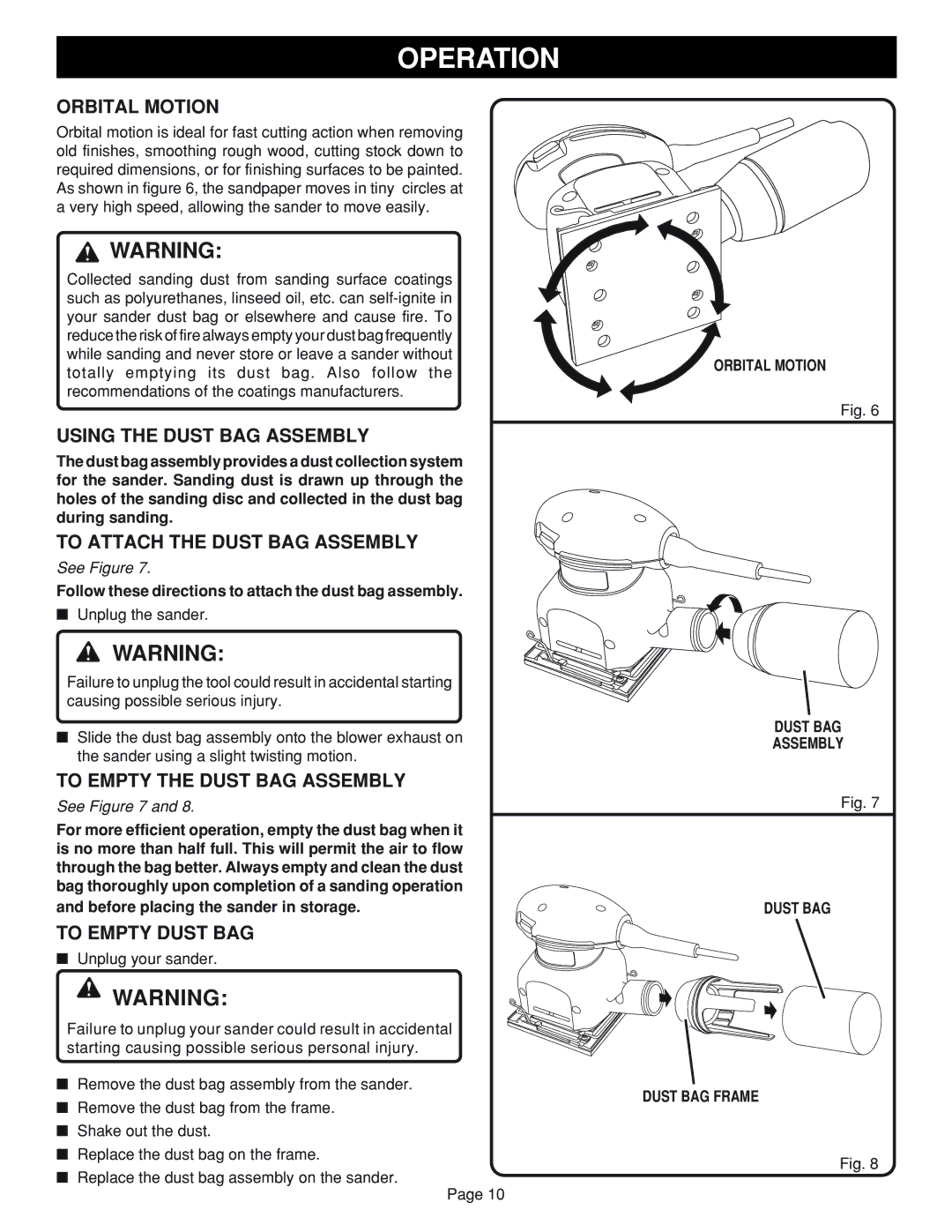 Ryobi S650D Orbital Motion, Using the Dust BAG Assembly, To Attach the Dust BAG Assembly, To Empty the Dust BAG Assembly 