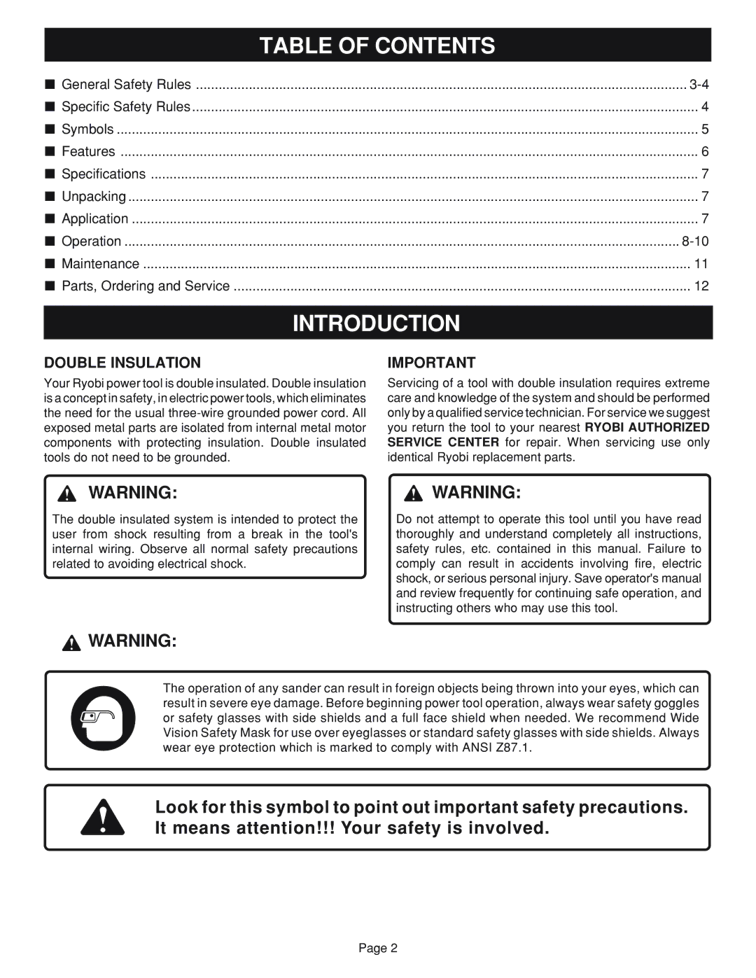 Ryobi S650D manual Introduction, Table of Contents 