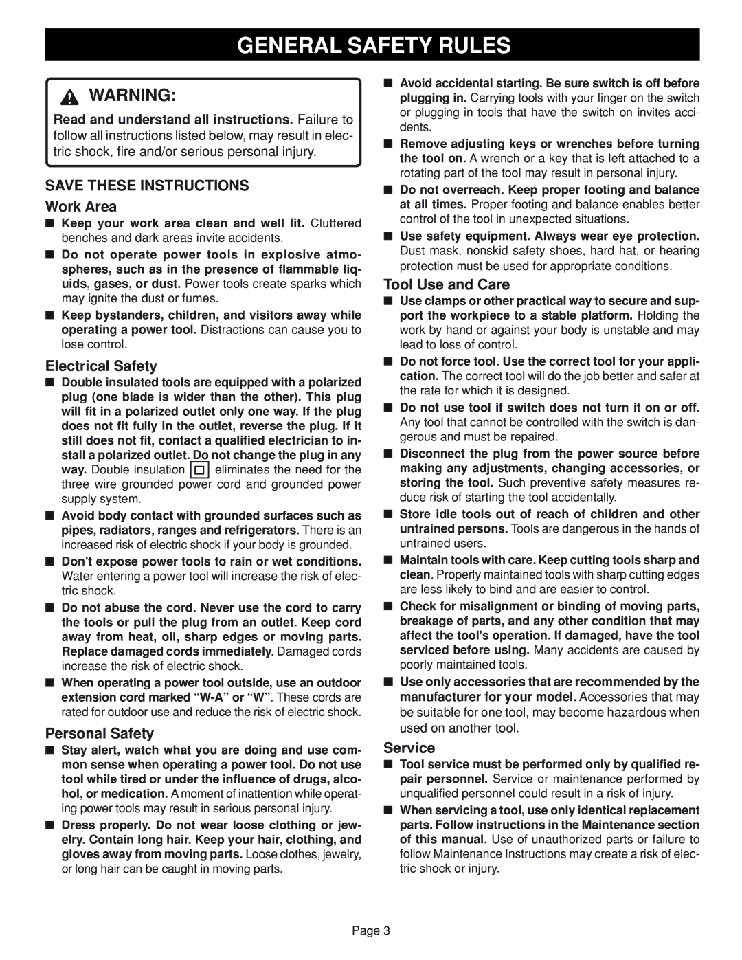 Ryobi S650D manual General Safety Rules, Stall a polarized outlet. Do not change the plug in any 