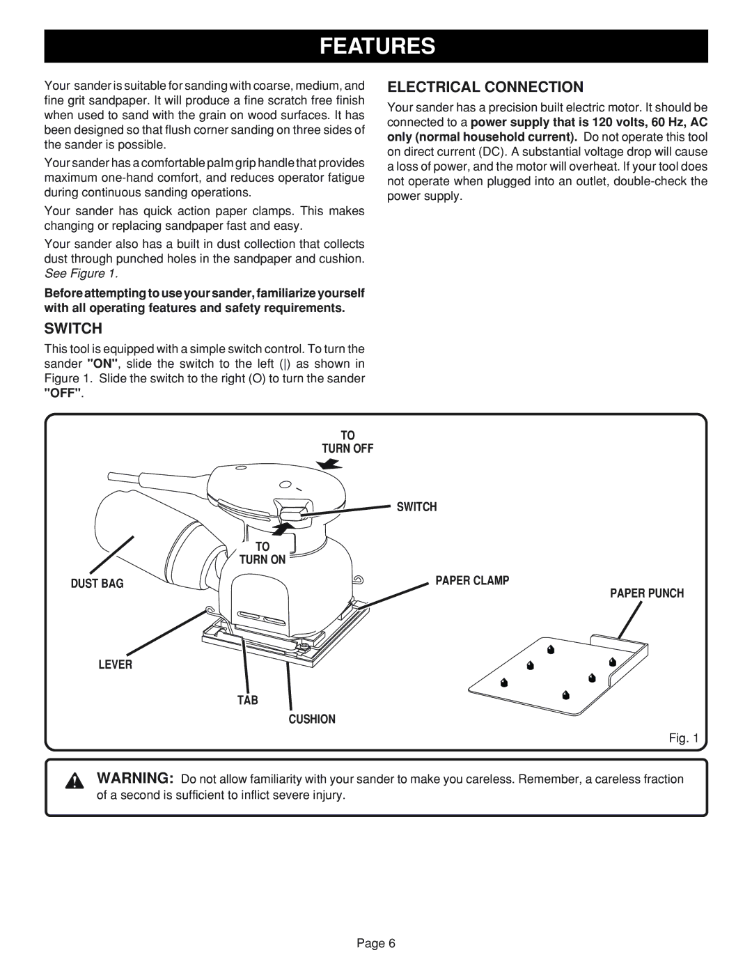 Ryobi S650D manual Features, Switch, Electrical Connection 