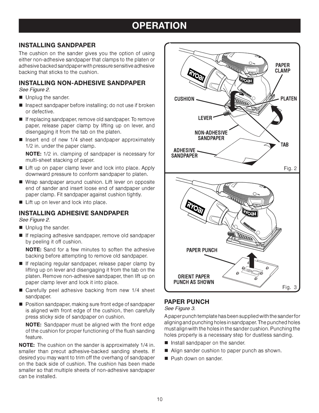 Ryobi S652D manual Installing Sandpaper, Installing NON-ADHESIVE Sandpaper, Installing Adhesive Sandpaper 