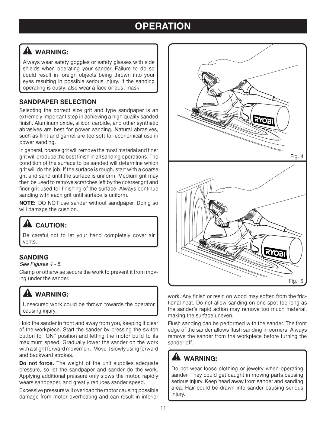 Ryobi S652D manual Sandpaper Selection, Sanding, See Figures 4 