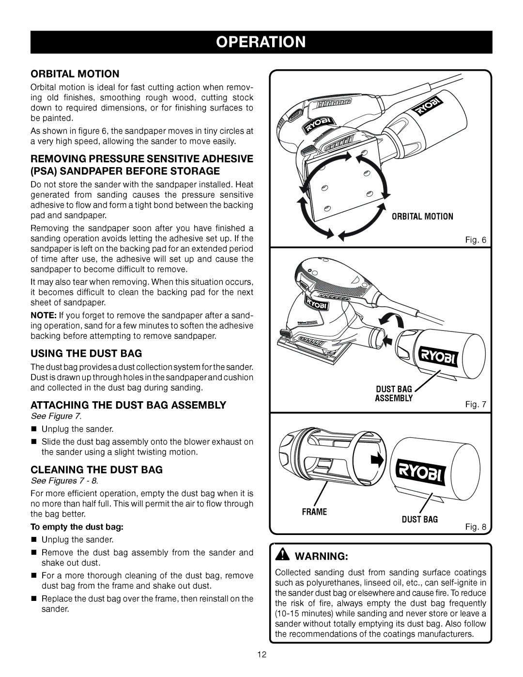 Ryobi S652D manual Orbital Motion, Using the Dust BAG, See Figures 7, To empty the dust bag, ­assembly 