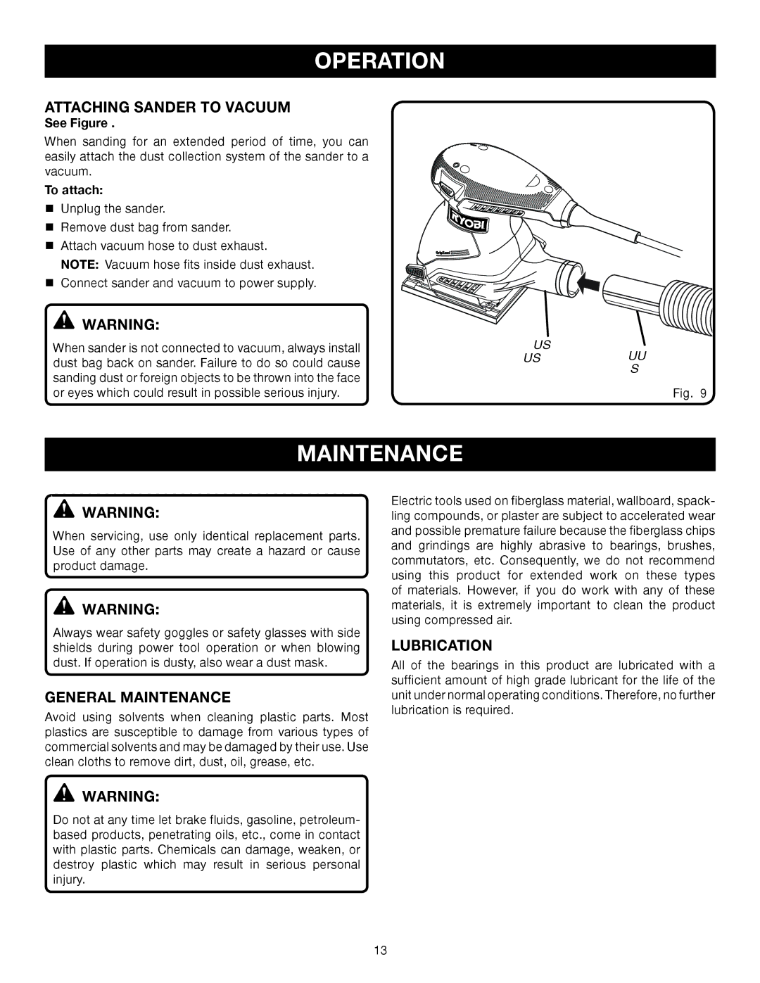 Ryobi S652D manual Attaching Sander to Vacuum, General Maintenance, Lubrication 