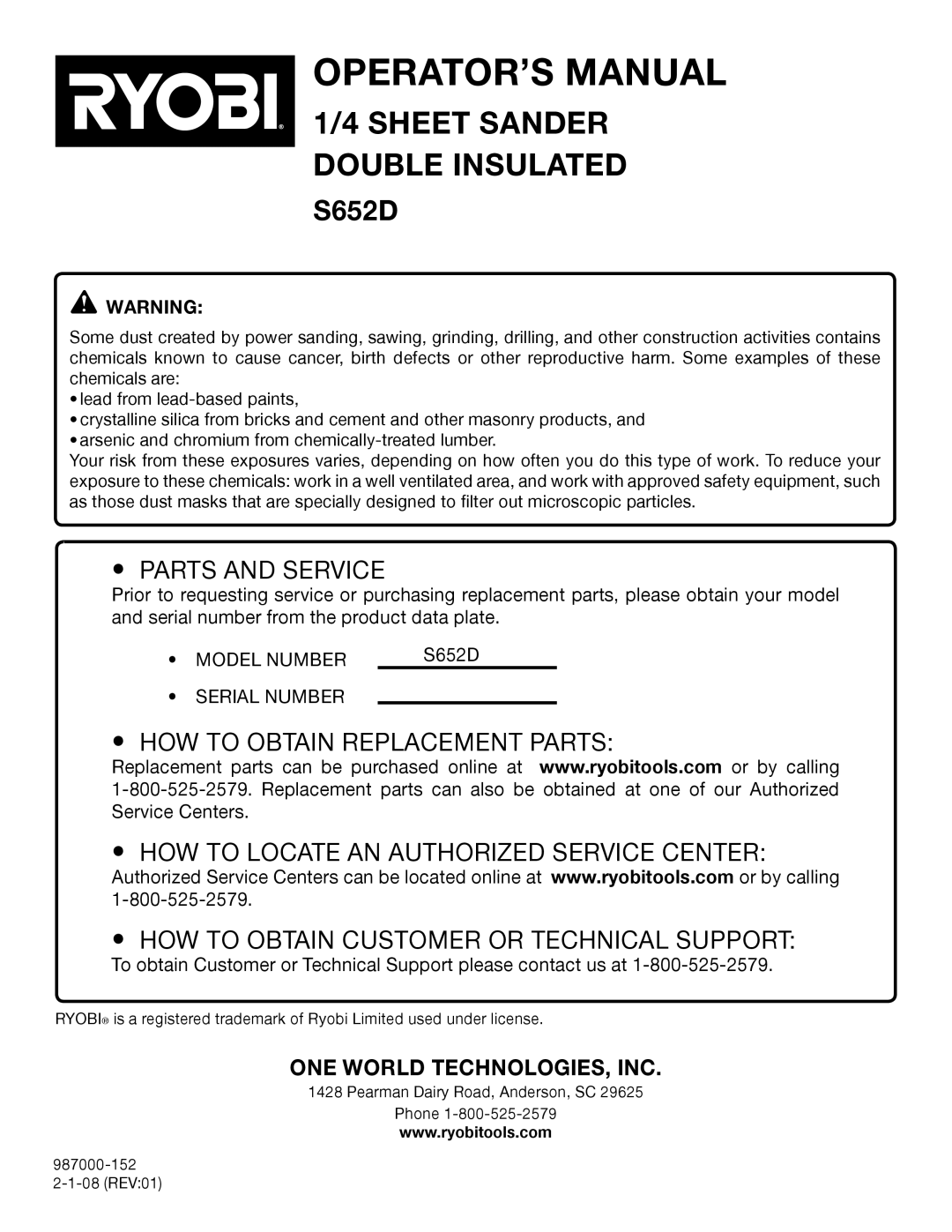 Ryobi S652D manual Parts and Service 