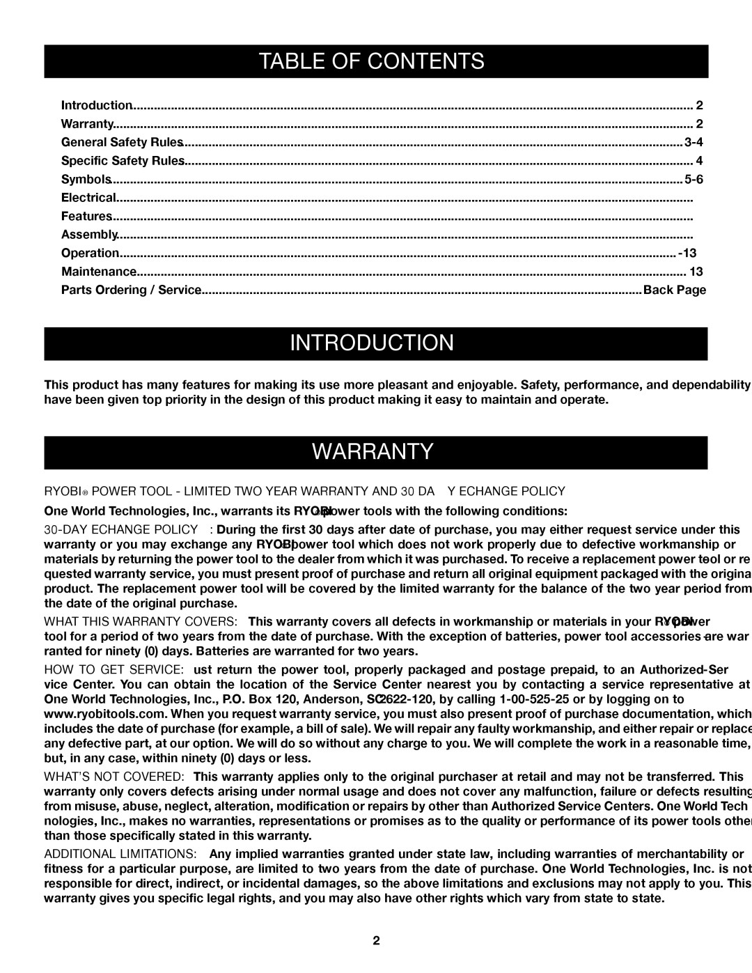 Ryobi S652D manual Introduction, Table of Contents 