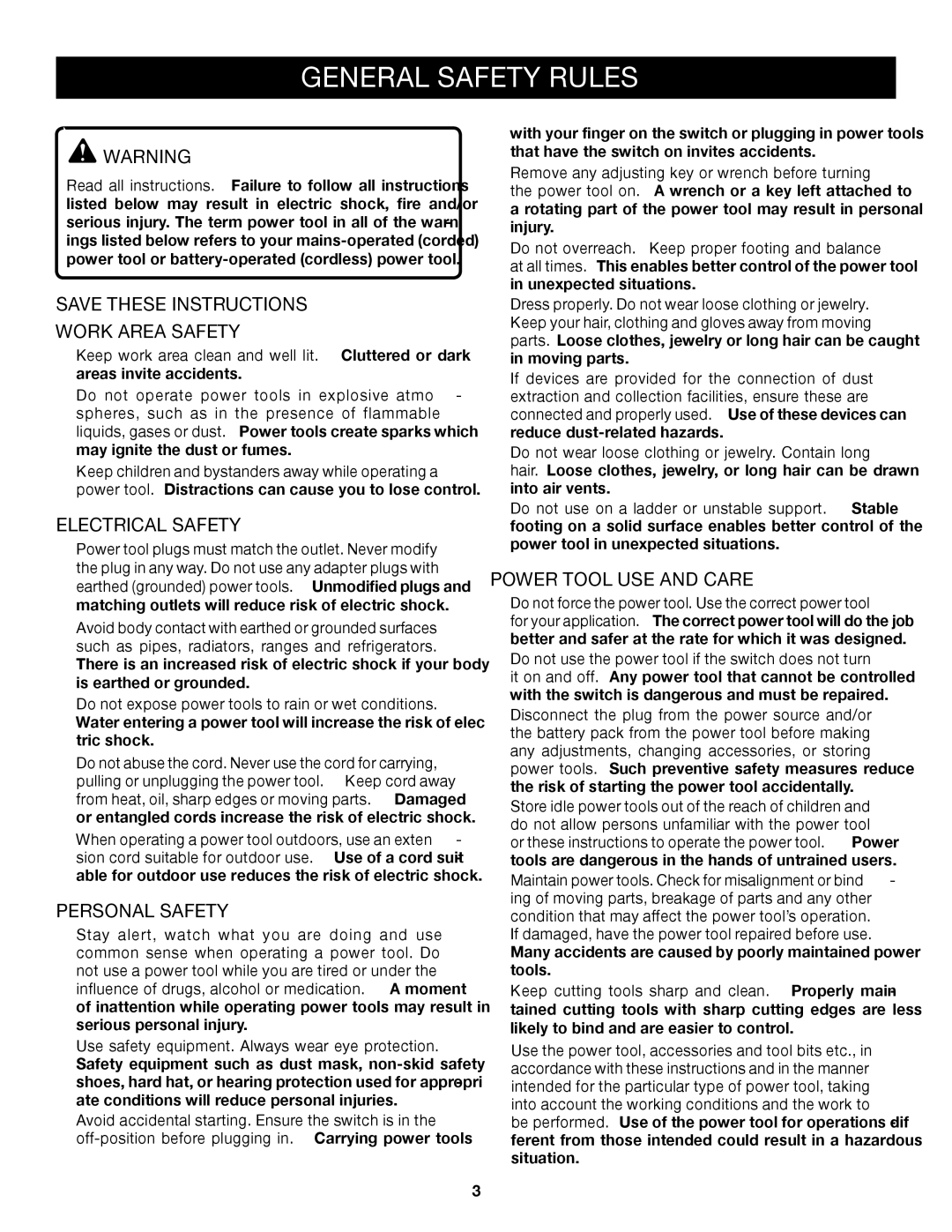 Ryobi S652D manual General Safety Rules, Electrical Safety, Personal Safety, Power Tool USE and Care 