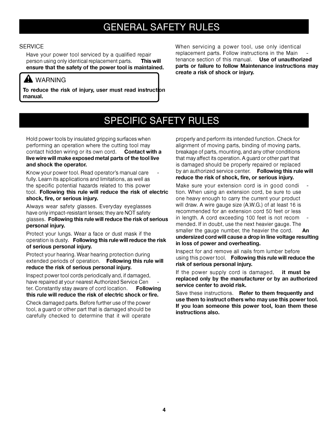 Ryobi S652D manual Specific Safety Rules, Service 