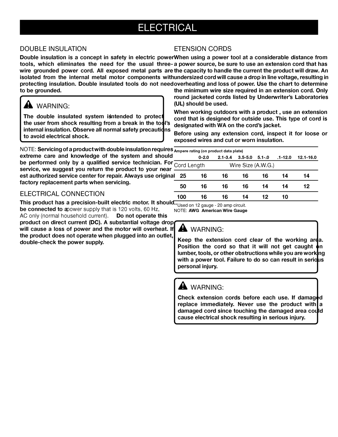 Ryobi S652D manual Double Insulation, Electrical Connection, Extension Cords, Cord Length Wire Size A.W.G 