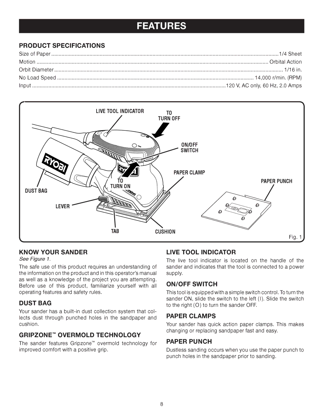 Ryobi S652D manual Features 