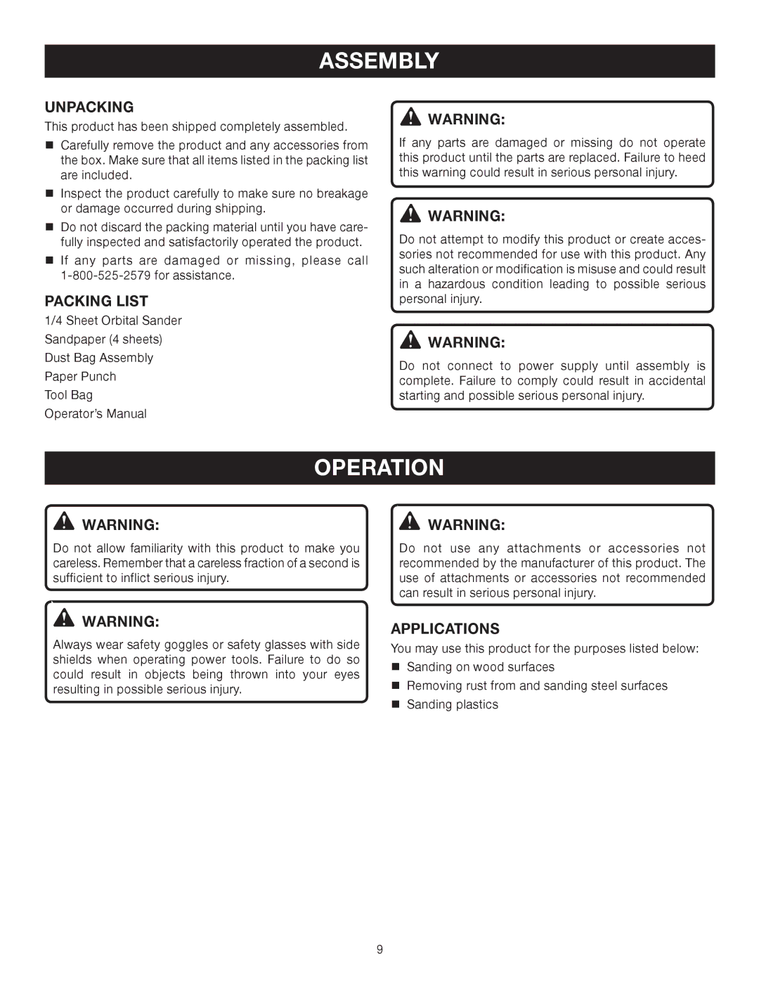 Ryobi S652D manual Assembly, Operation, Unpacking, Packing List, Applications 