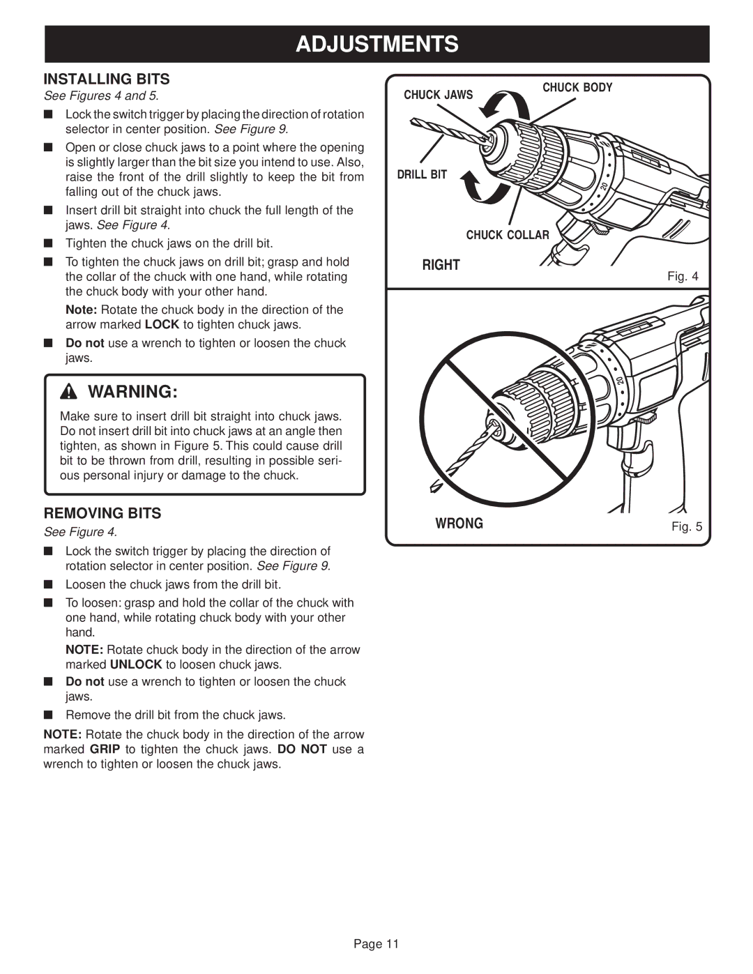 Ryobi SA960, SA120 manual Installing Bits, Removing Bits, Right Wrong 