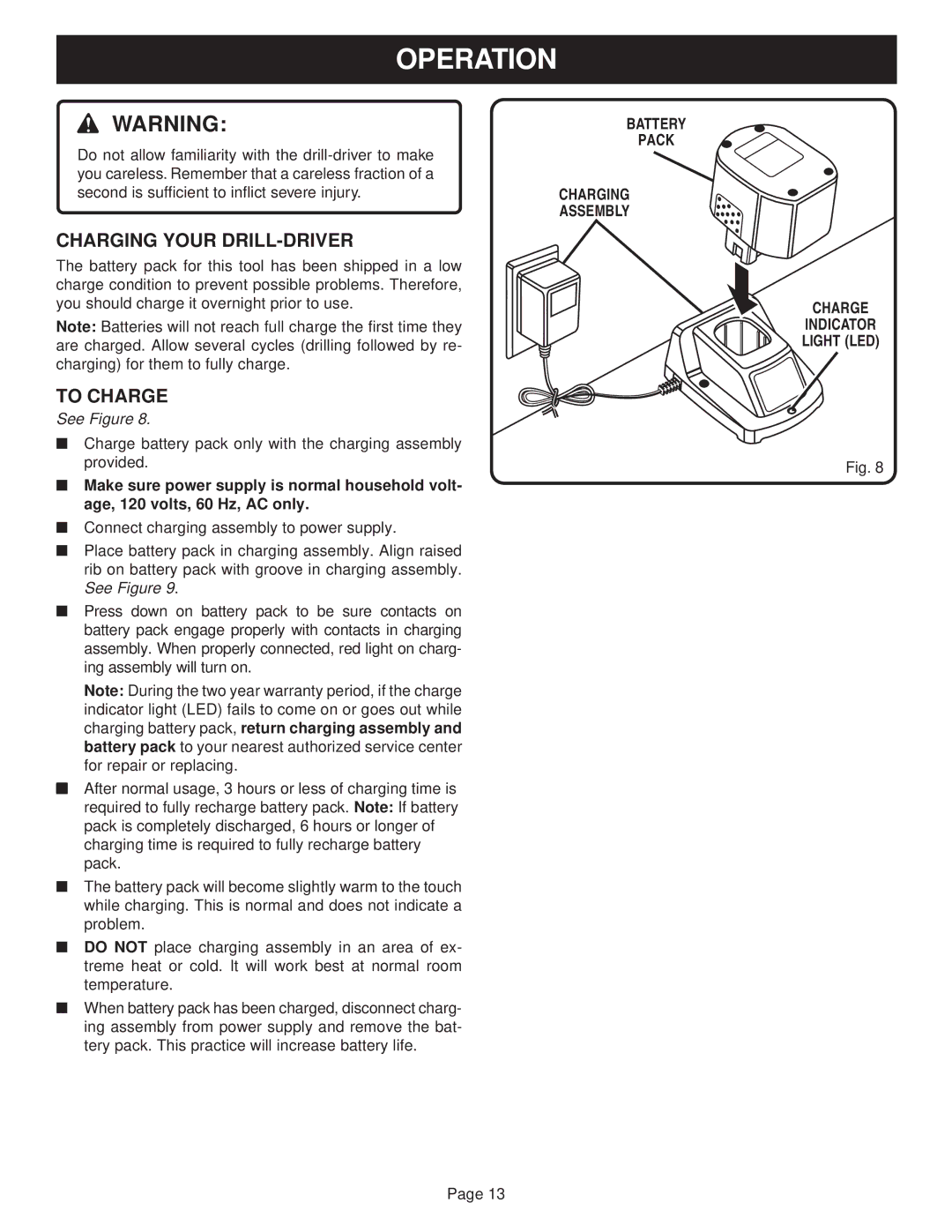 Ryobi SA960, SA120 manual Operation, Charging Your DRILL-DRIVER, To Charge 