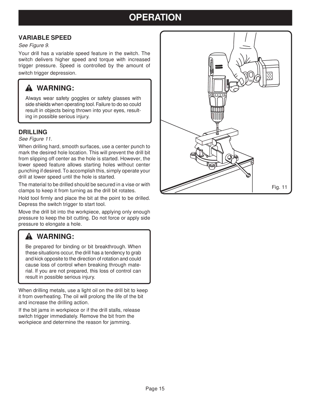 Ryobi SA960, SA120 manual Variable Speed, Drilling 