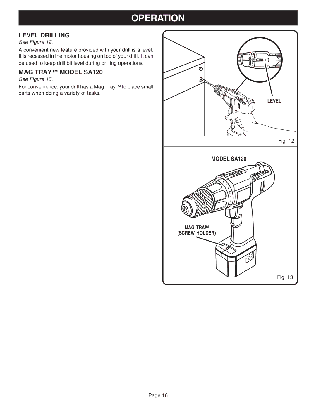 Ryobi SA960 manual Level Drilling, MAG Tray Model SA120 