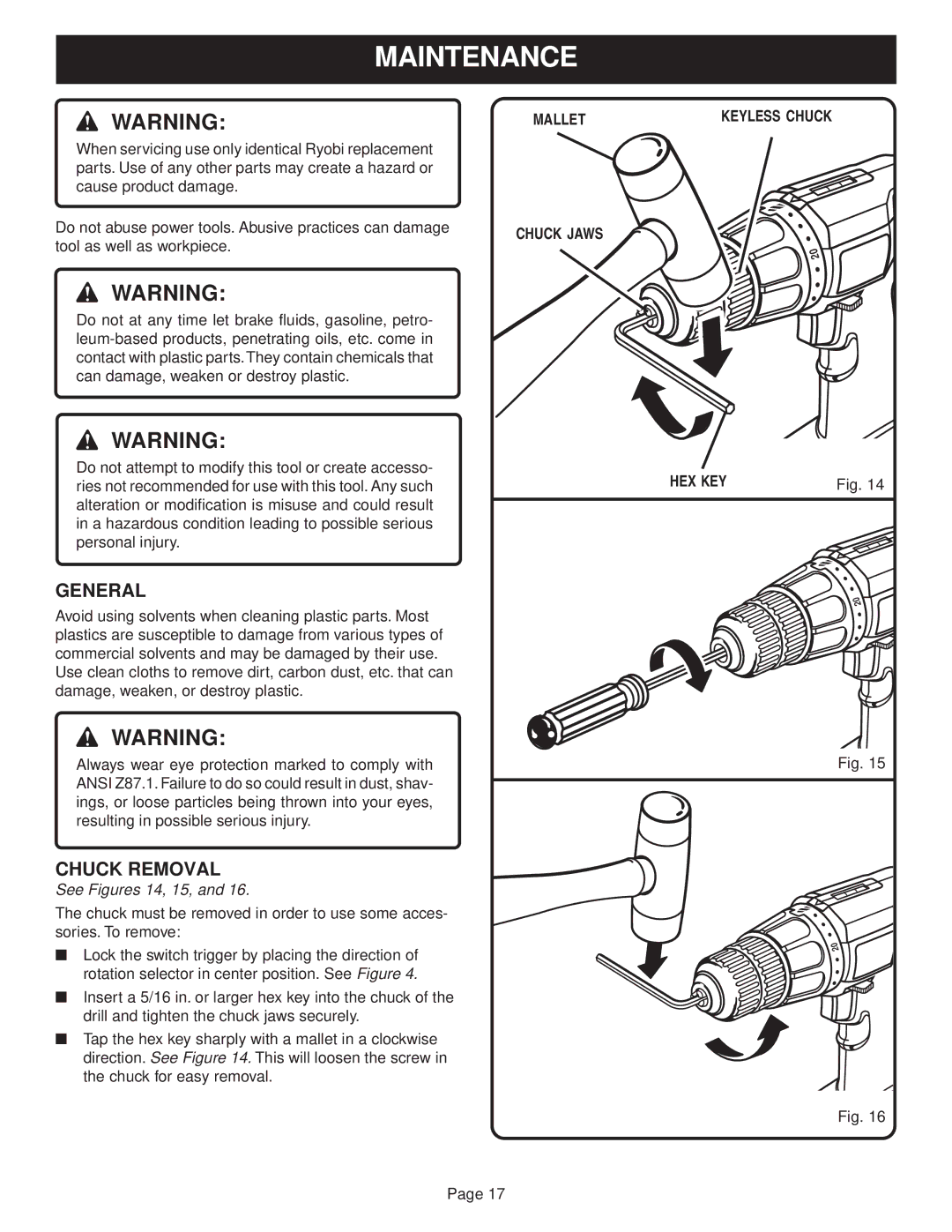 Ryobi SA960, SA120 manual Maintenance, General, Chuck Removal 