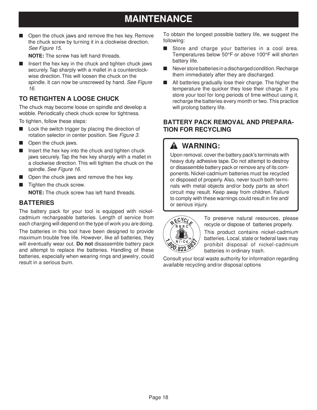 Ryobi SA120, SA960 manual To Retighten a Loose Chuck, Batteries, Battery Pack Removal and PREPARA- Tion for Recycling 