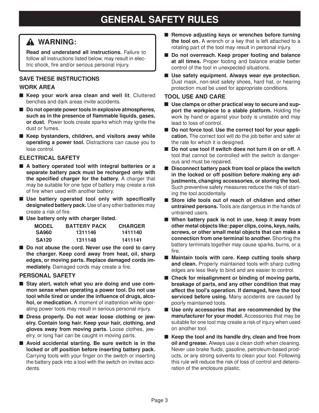 Ryobi SA960, SA120 manual General Safety Rules, Work Area 