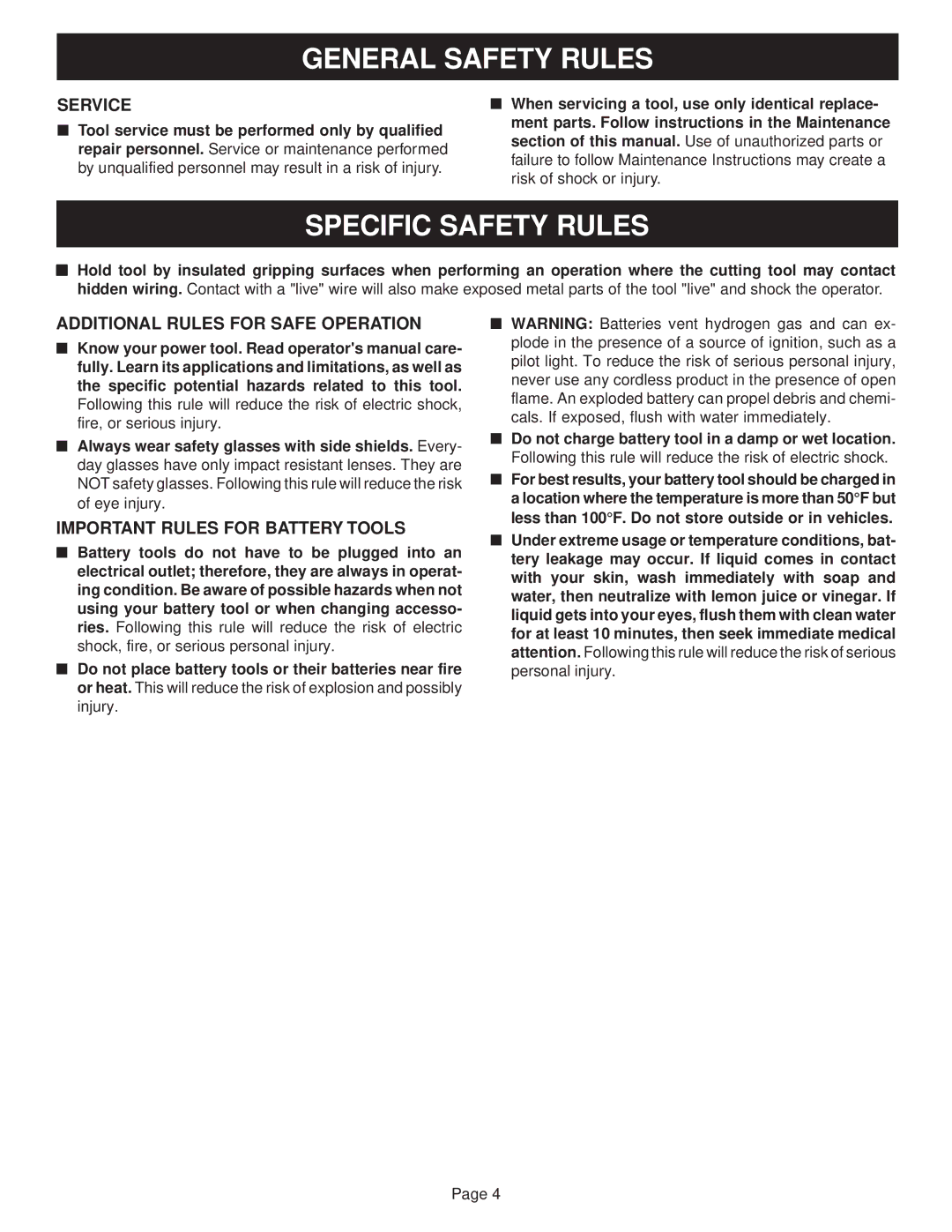 Ryobi SA120, SA960 manual Specific Safety Rules, Service 