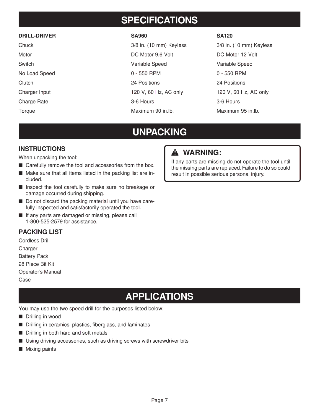 Ryobi SA960, SA120 manual Specifications, Unpacking, Applications, Instructions, Packing List 