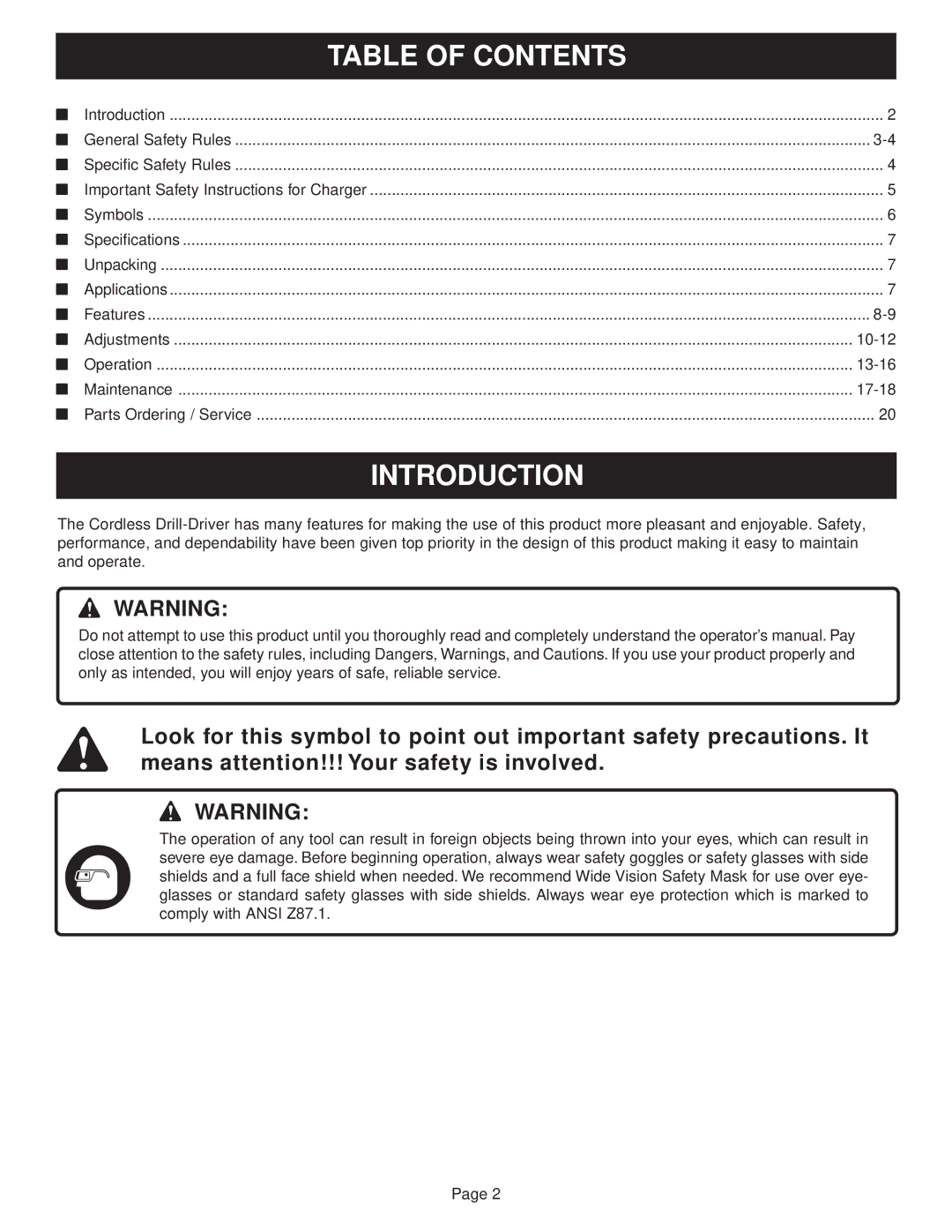 Ryobi SA14402, SA1802, SA1202 manual Table of Contents, Introduction 