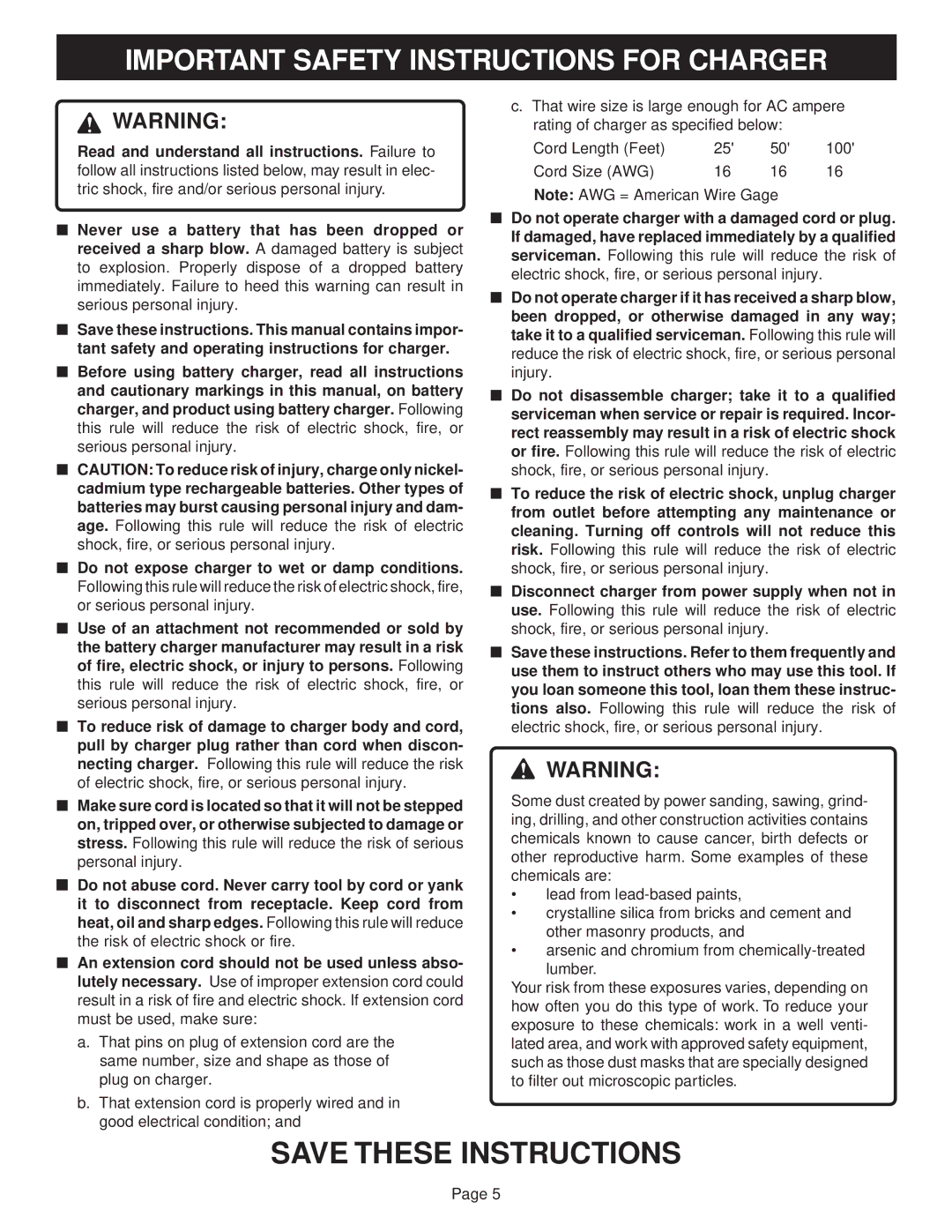 Ryobi SA14402, SA1802, SA1202 manual Important Safety Instructions for Charger 