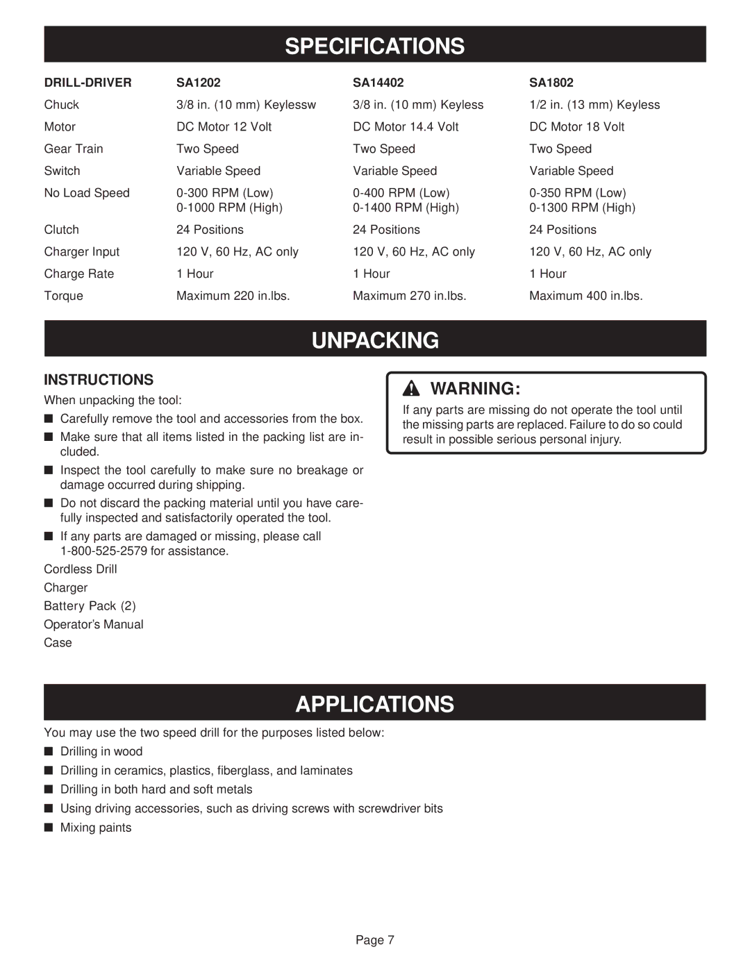 Ryobi SA1202, SA1802, SA14402 manual Specifications, Unpacking, Applications, Instructions, Drill-Driver 