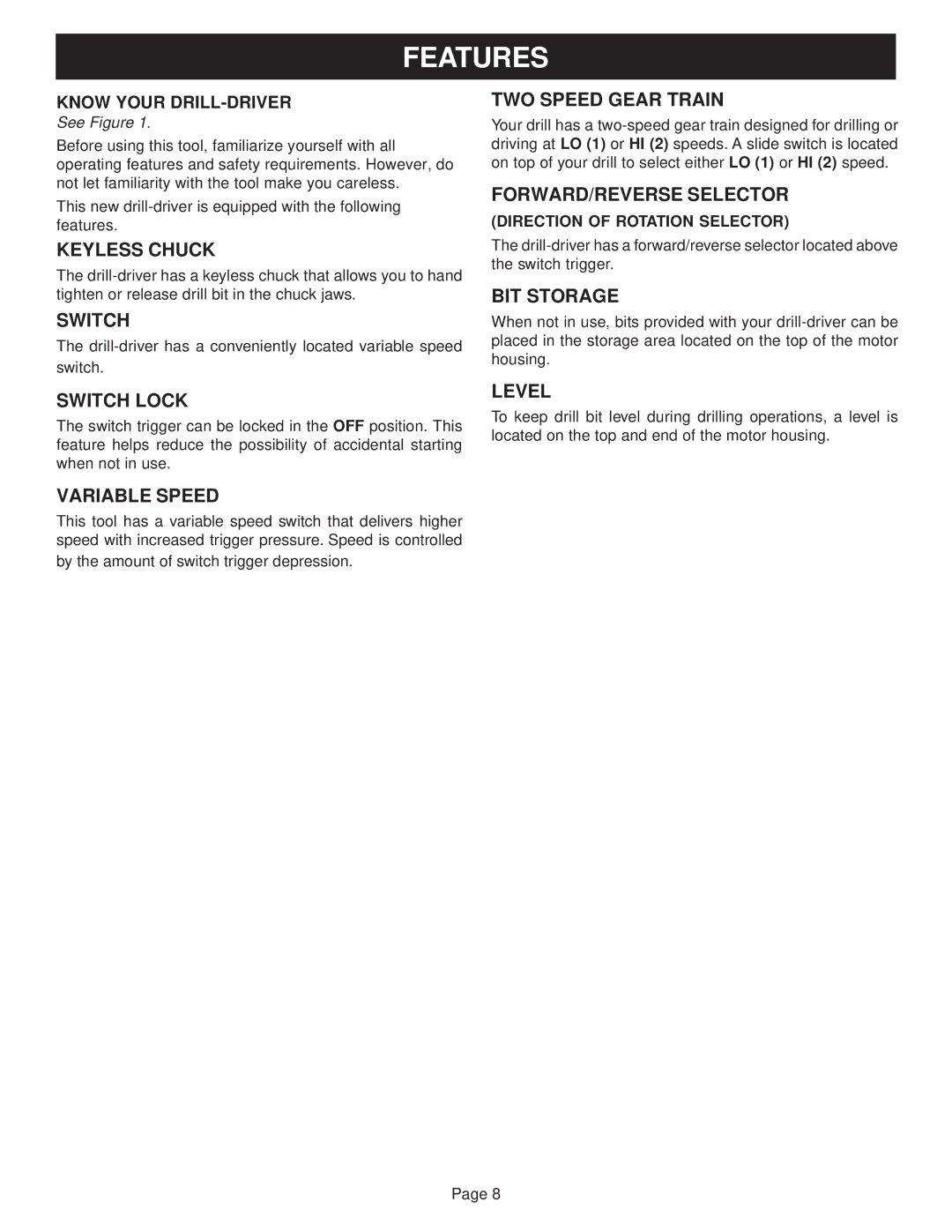 Ryobi SA14402, SA1802, SA1202 manual Features 