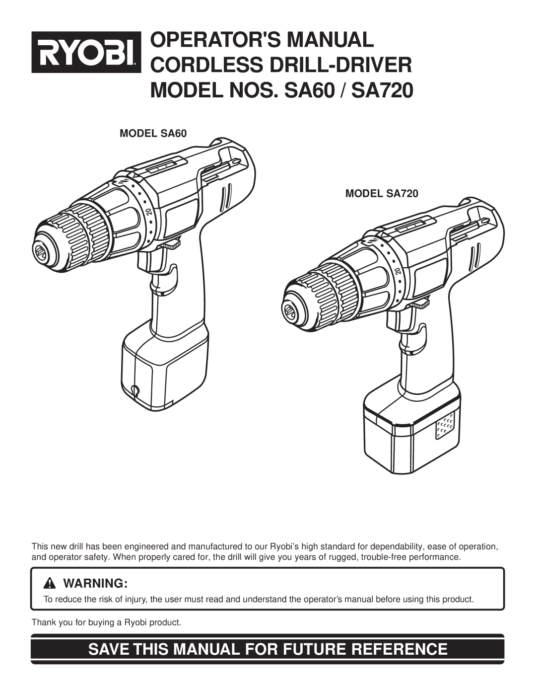 Ryobi manual Save this Manual for Future Reference, Model SA60 Model SA720 