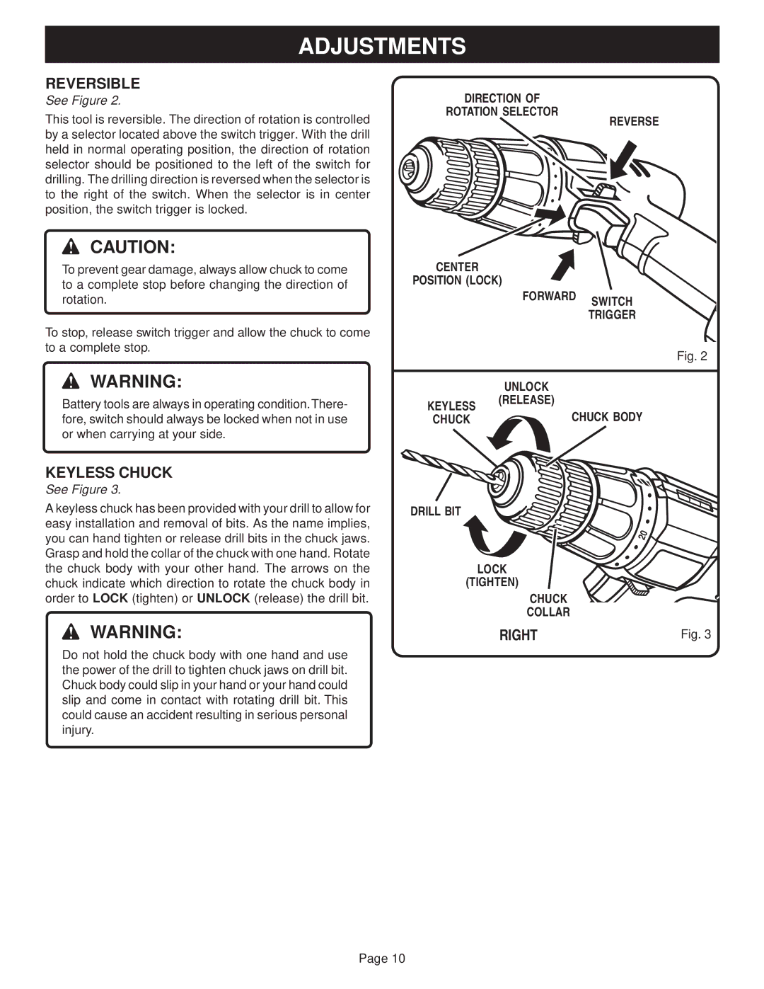 Ryobi SA60, SA720 manual Adjustments, Reversible, Right 