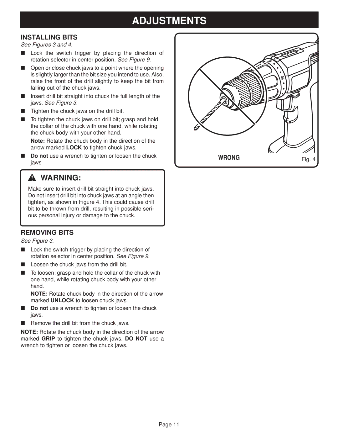 Ryobi SA720, SA60 manual Installing Bits, Removing Bits, See Figures 3, Wrong 