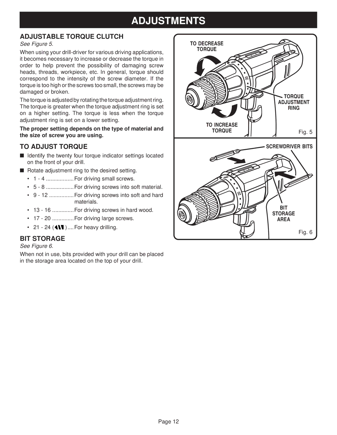 Ryobi SA60, SA720 manual Adjustable Torque Clutch, To Adjust Torque, To Decrease Torque, Screwdriver Bits, BIT Storage Area 