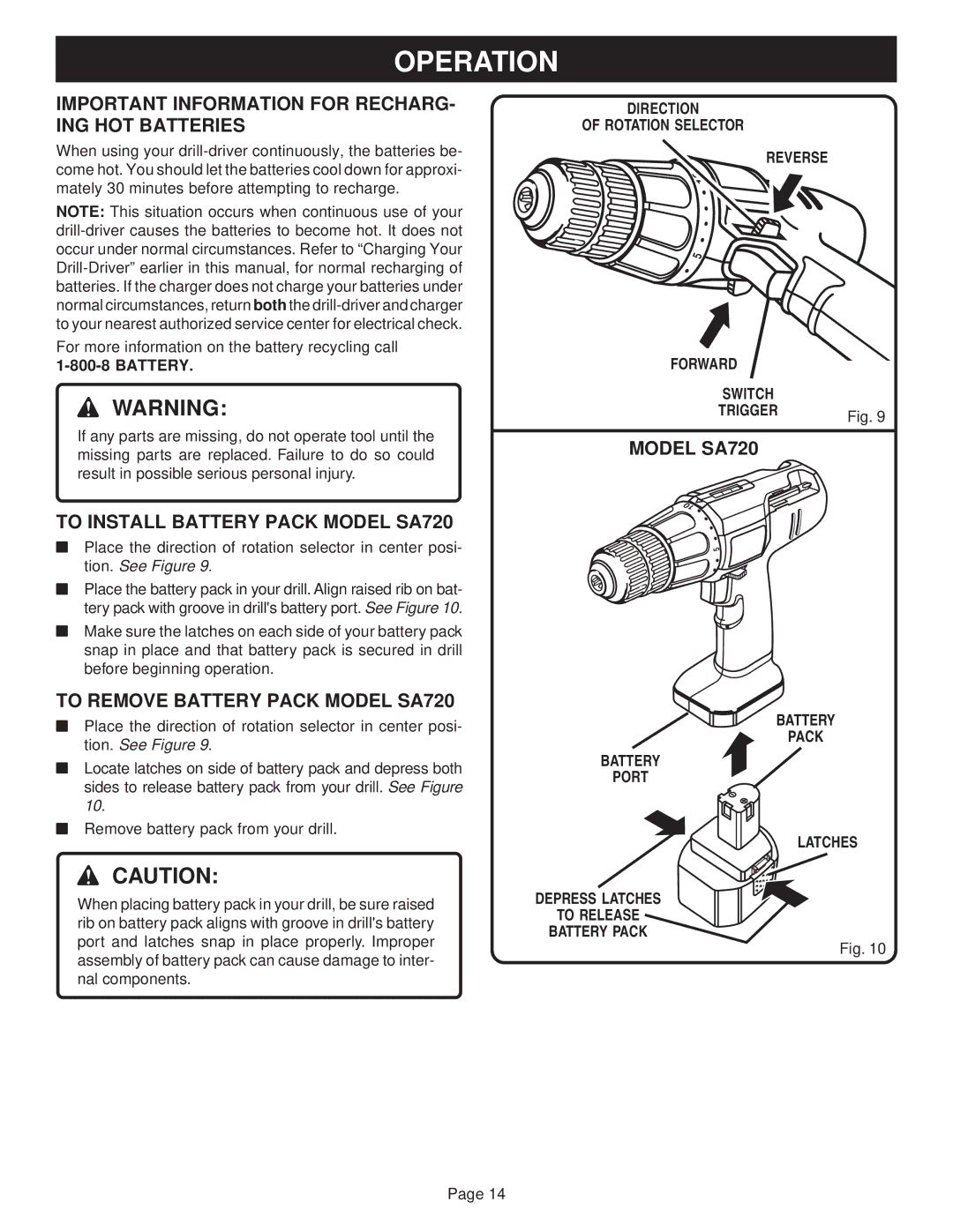 Ryobi SA60 manual Important Information for RECHARG- ING HOT Batteries, To Install Battery Pack Model SA720 