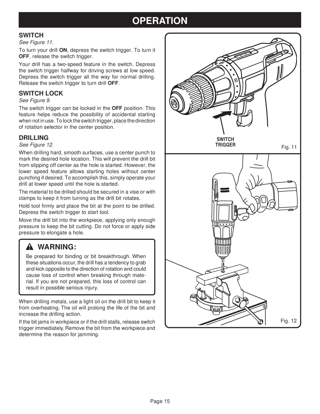 Ryobi SA720, SA60 manual Switch, Drilling 