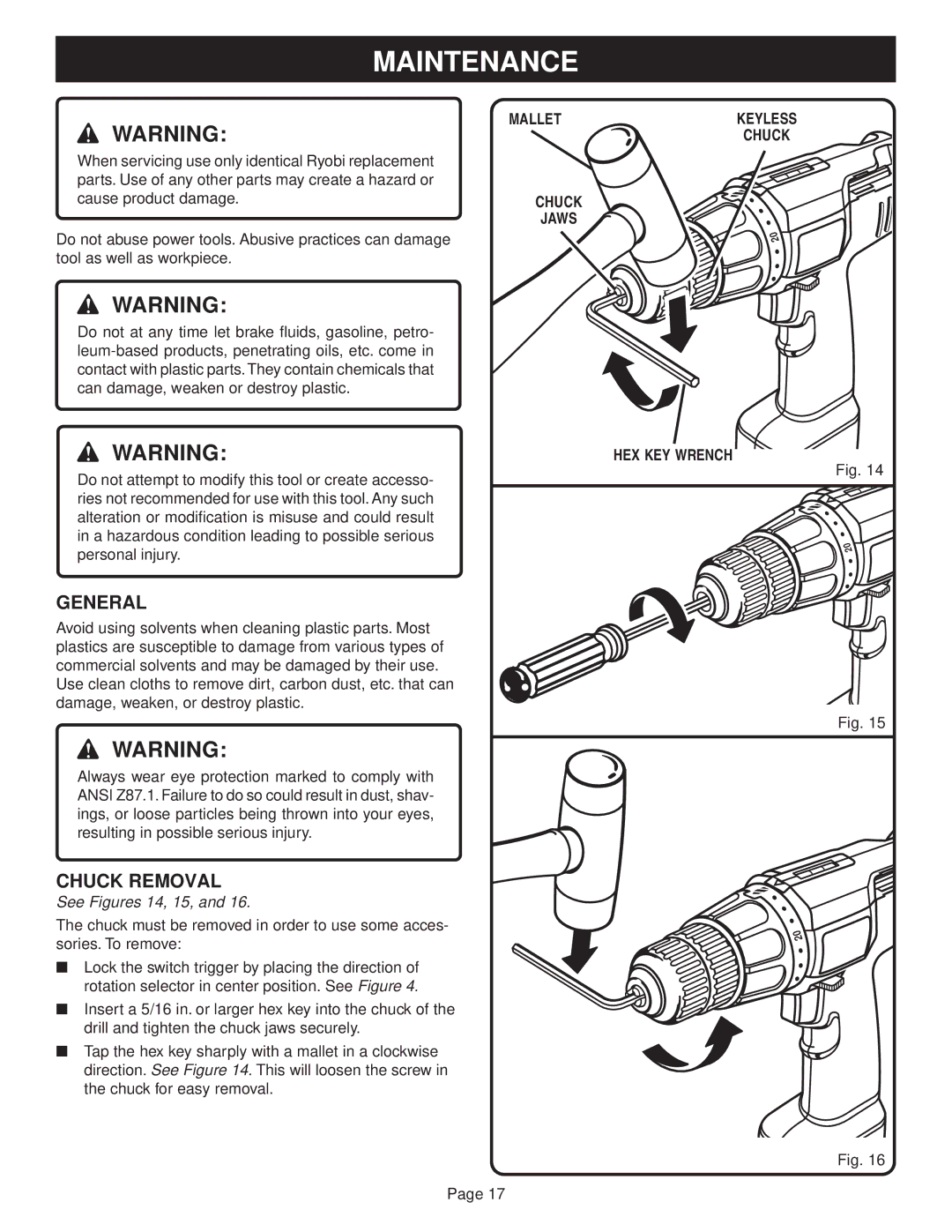 Ryobi SA720, SA60 manual Maintenance, General, Chuck Removal, Mallet, Chuck Jaws HEX KEY Wrench 