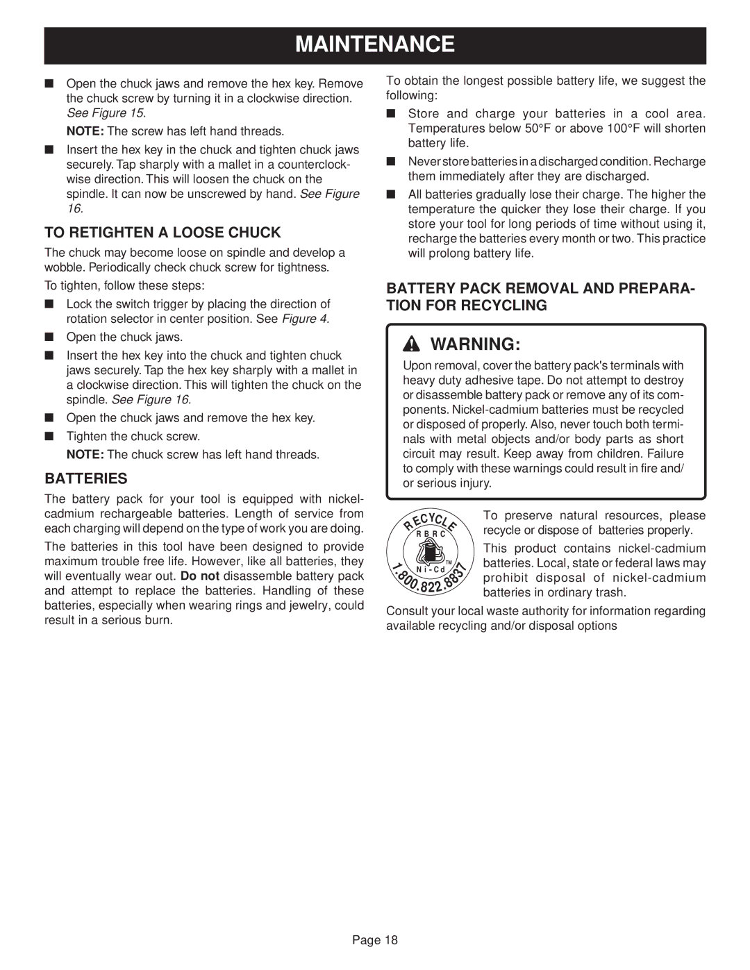 Ryobi SA60, SA720 manual To Retighten a Loose Chuck, Batteries, Battery Pack Removal and PREPARA- Tion for Recycling 