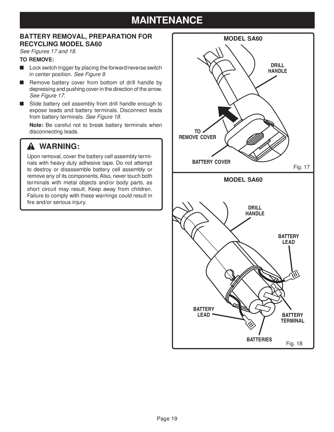 Ryobi SA720 manual Battery REMOVAL, Preparation for Recycling Model SA60, See Figures 17, To Remove 