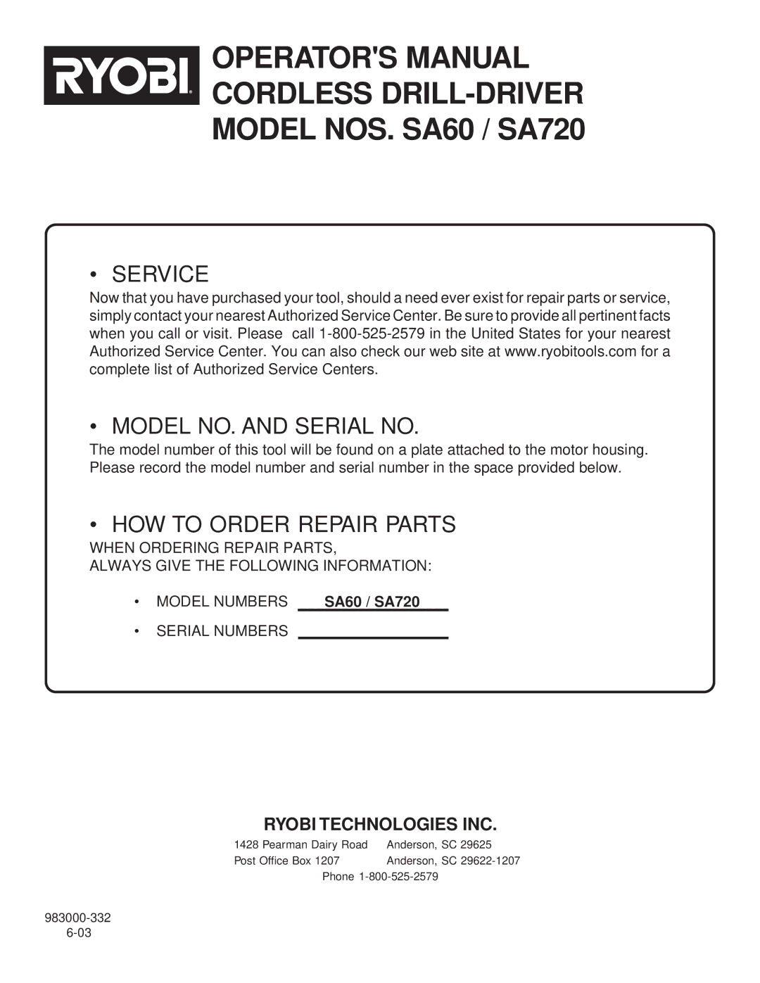 Ryobi SA60, SA720 manual Service Model NO. and Serial no 