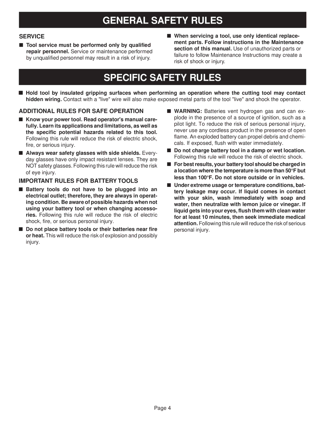 Ryobi SA60, SA720 manual Specific Safety Rules, Service 