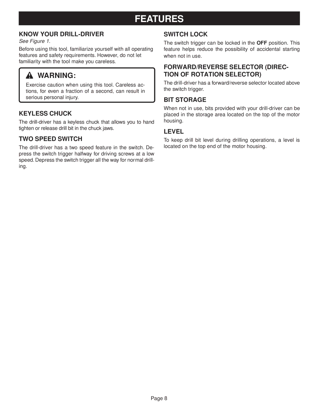 Ryobi SA60, SA720 manual Features 