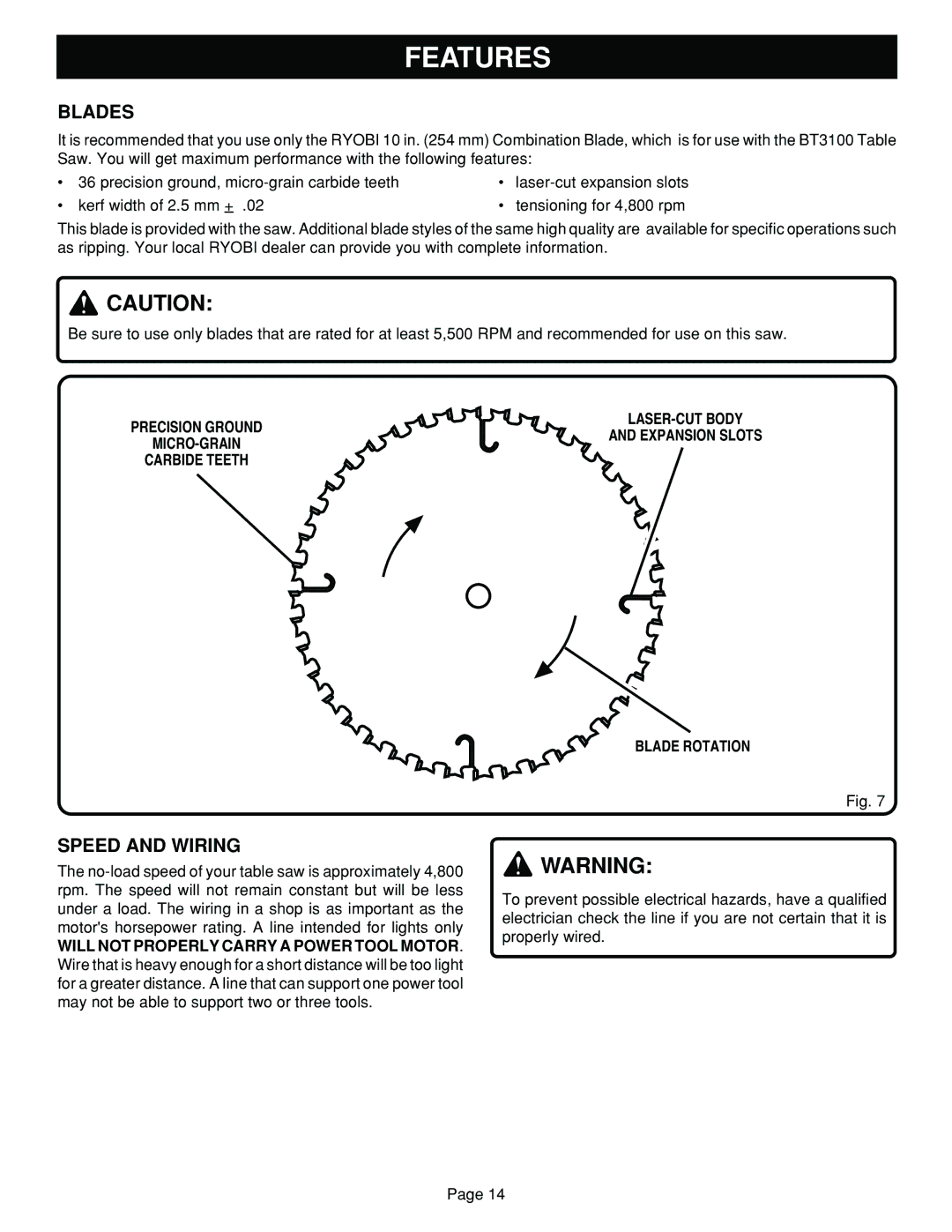 Ryobi SAW BT3100 manual Blades, Speed and Wiring, Precision Ground MICRO-GRAIN Carbide Teeth 